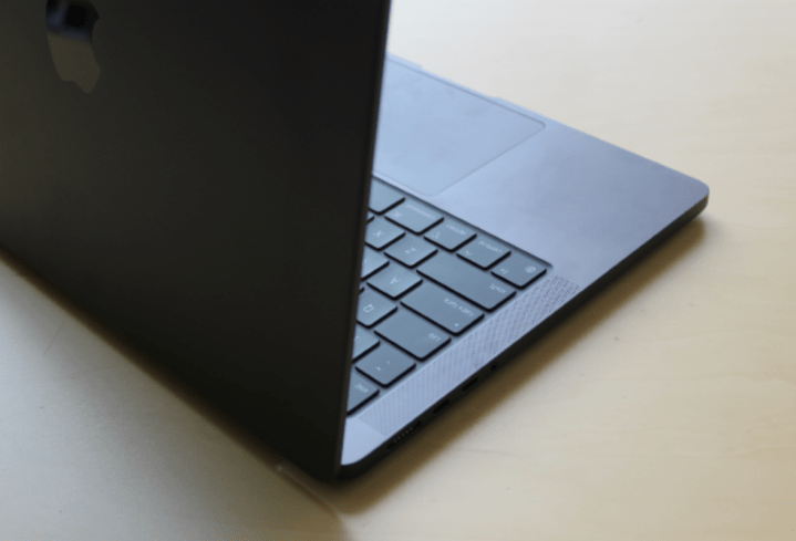 The keyboard, speakers, and trackpad of the MacBook Pro.